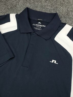 J Lindeberg Polo Shirt Mens Medium Golf Performance Regular Fit Navy Blue White